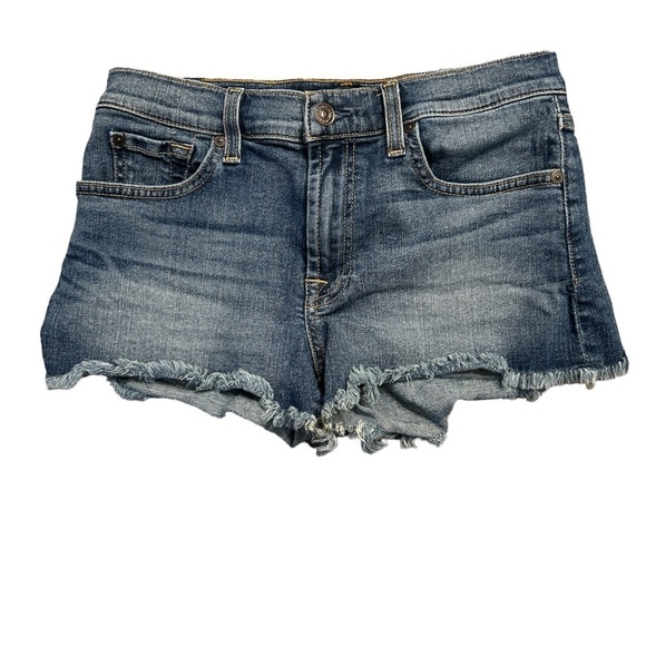 7 For All‎ Mankind  Denim Cutoff Shorty Shorts Size 27 fringe medium wash - Picture 1 of 5